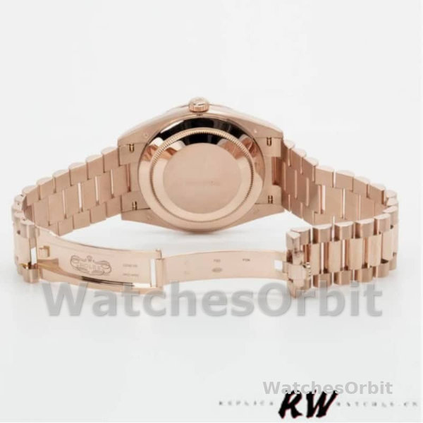 Replica Heren Rolex Day-Date-228345RBR, 40mm, Chocolade Bruin Diagonaal Motief Wijzerplaat, Diamant Bezel