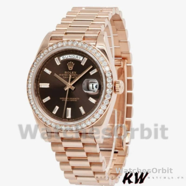 Replica Heren Rolex Day-Date-228345RBR, 40mm, Chocolade Bruin, Diamanten Wijzerplaat, Diamanten Bezel