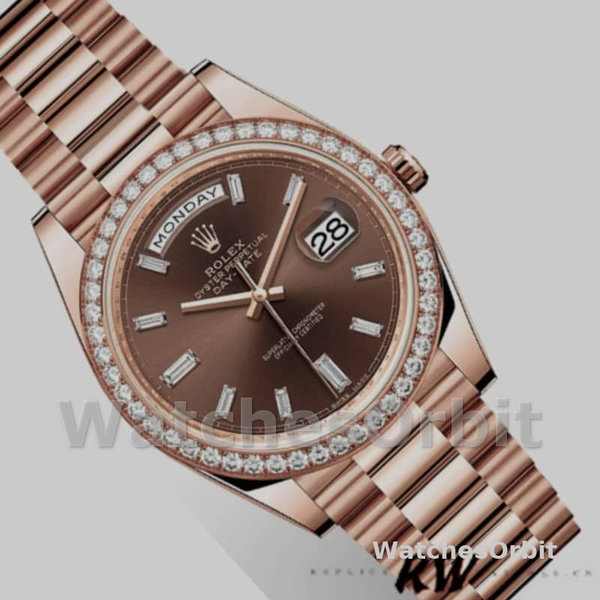 Replica Heren Rolex Day-Date-228345RBR, 40mm, Chocolade Bruin, Diamanten Wijzerplaat, Diamanten Bezel