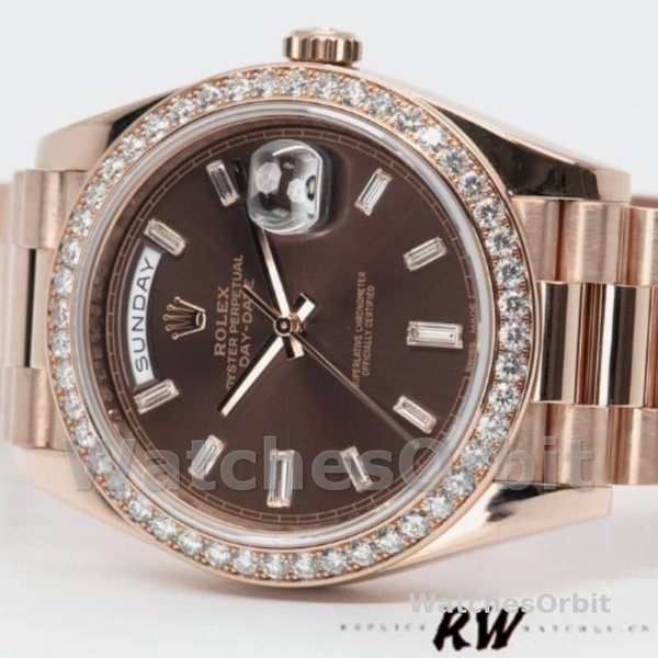 Replica Heren Rolex Day-Date-228345RBR, 40mm, Chocolade Bruin, Diamanten Wijzerplaat, Diamanten Bezel