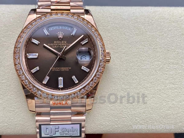 Replica Heren Rolex Day-Date-228345RBR, 40mm, Chocolade Bruin, Diamanten Wijzerplaat, Diamanten Bezel