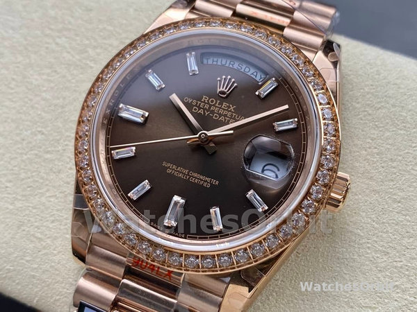 Replica Heren Rolex Day-Date-228345RBR, 40mm, Chocolade Bruin, Diamanten Wijzerplaat, Diamanten Bezel