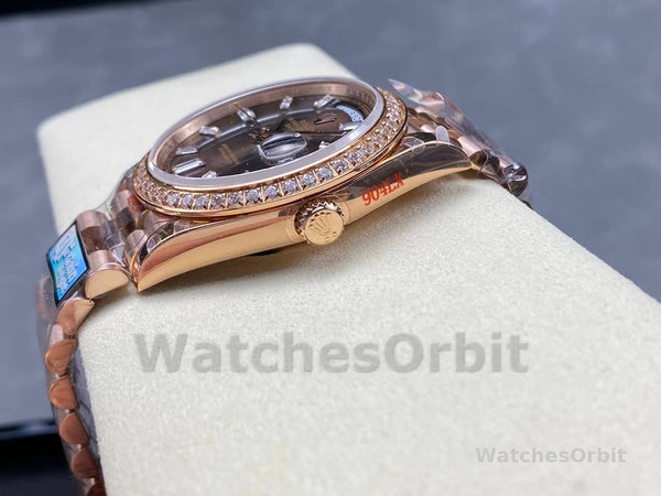 Replica Heren Rolex Day-Date-228345RBR, 40mm, Chocolade Bruin, Diamanten Wijzerplaat, Diamanten Bezel