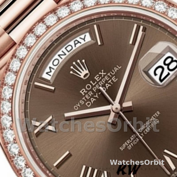 Replica Heren Rolex Day-Date-228345RBR, 40mm, Chocoladebruin Romeinse wijzerplaat, Diamanten ring
