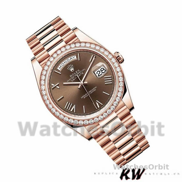 Replica Heren Rolex Day-Date-228345RBR, 40mm, Chocoladebruin Romeinse wijzerplaat, Diamanten ring