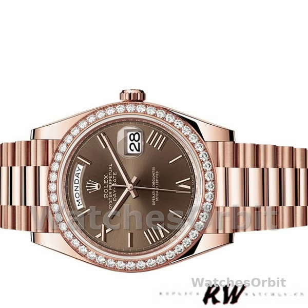 Replica Heren Rolex Day-Date-228345RBR, 40mm, Chocoladebruin Romeinse wijzerplaat, Diamanten ring