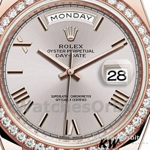 Replica Heren Rolex Day-Date-228345RBR, 40mm, Sundust Romeinse wijzerplaat, Diamanten ring