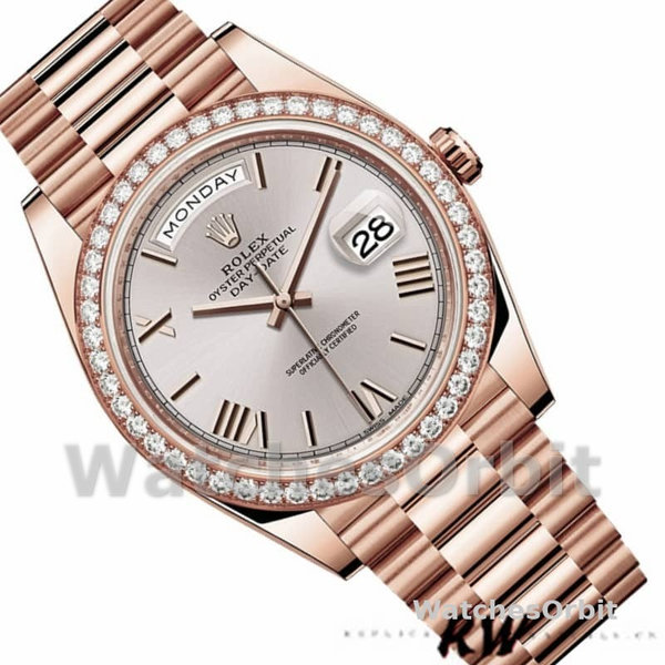 Replica Heren Rolex Day-Date-228345RBR, 40mm, Sundust Romeinse wijzerplaat, Diamanten ring