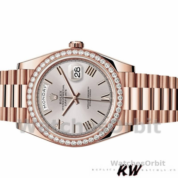 Replica Heren Rolex Day-Date-228345RBR, 40mm, Sundust Romeinse wijzerplaat, Diamanten ring