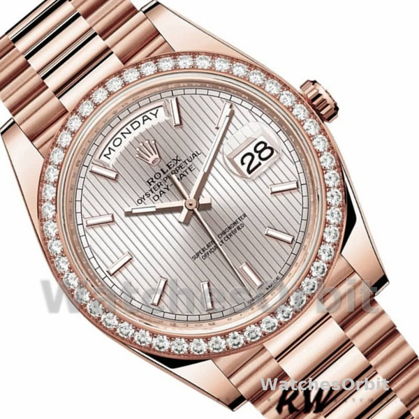 Replica Heren Rolex Day-Date-228345RBR, 40mm, Sundust Stripe Motif Dial, Diamant Bezel, Heren Sundust