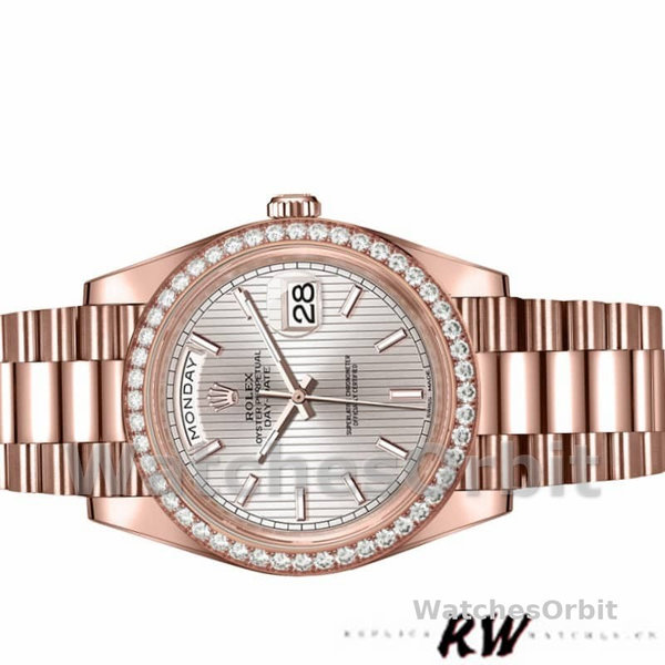 Replica Heren Rolex Day-Date-228345RBR, 40mm, Sundust Stripe Motif Dial, Diamant Bezel, Heren Sundust