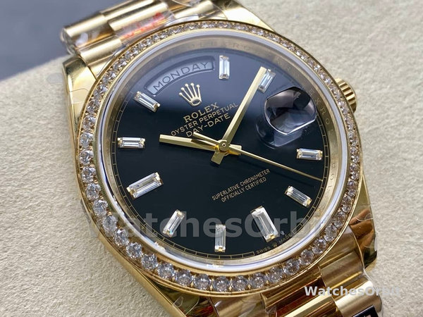 Replica Heren Rolex Day-Date-228348RBR 0043, 40mm, Zwarte Diamanten Wijzerplaat, Diamanten Ring, Heren Zwart