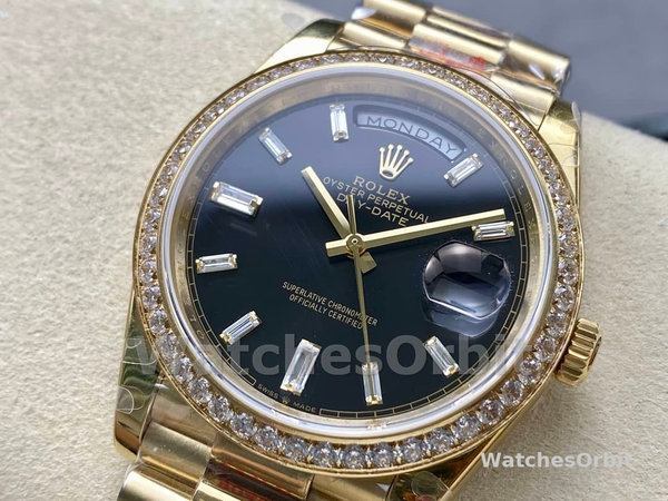Replica Heren Rolex Day-Date-228348RBR 0043, 40mm, Zwarte Diamanten Wijzerplaat, Diamanten Ring, Heren Zwart