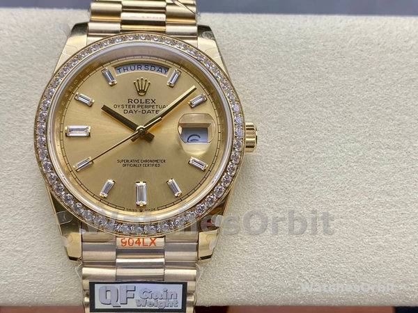 Replica Heren Rolex Day-Date-228348RBR, 40mm, Champagne, Diamanten wijzerplaat, Diamanten ring