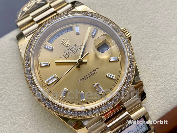 Replica Heren Rolex Day-Date-228348RBR, 40mm, Champagne, Diamanten wijzerplaat, Diamanten ring