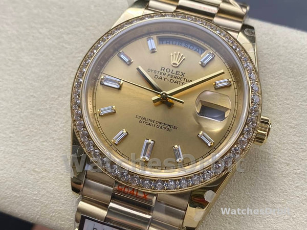 Replica Heren Rolex Day-Date-228348RBR, 40mm, Champagne, Diamanten wijzerplaat, Diamanten ring