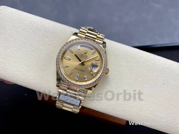 Replica Heren Rolex Day-Date-228348RBR, 40mm, Champagne, Diamanten wijzerplaat, Diamanten ring