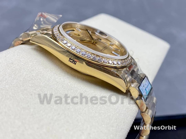 Replica Heren Rolex Day-Date-228348RBR, 40mm, Champagne, Diamanten wijzerplaat, Diamanten ring