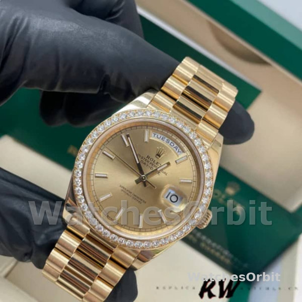 Replica Heren Rolex Day-Date-228348RBR, 40mm, Champagne Index Dial, Diamant Bezel