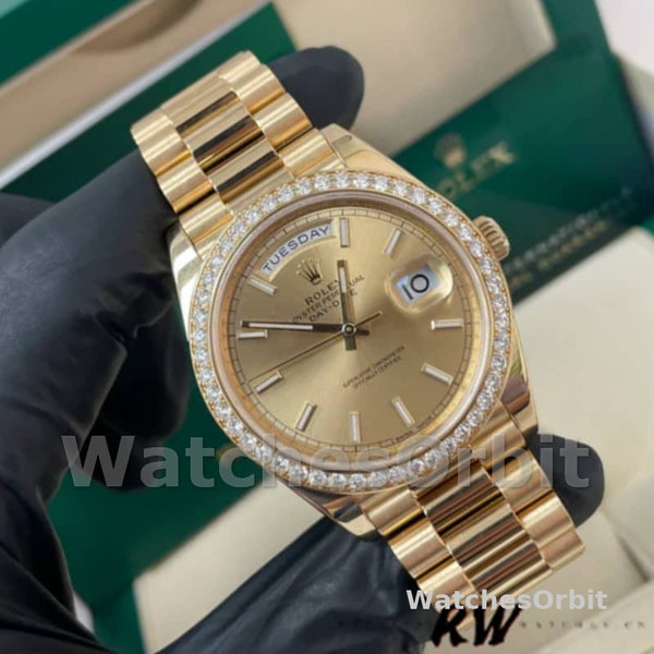 Replica Heren Rolex Day-Date-228348RBR, 40mm, Champagne Index Dial, Diamant Bezel