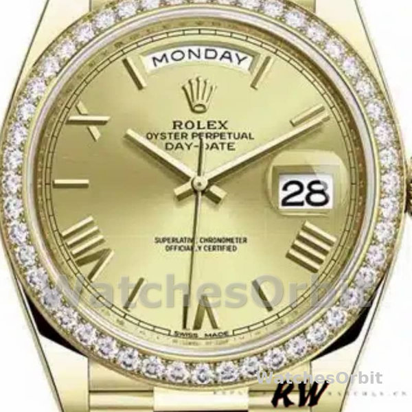 Replica Heren Rolex Day-Date-228348RBR, 40mm, Romeinse wijzerplaat in champagne, diamanten ring