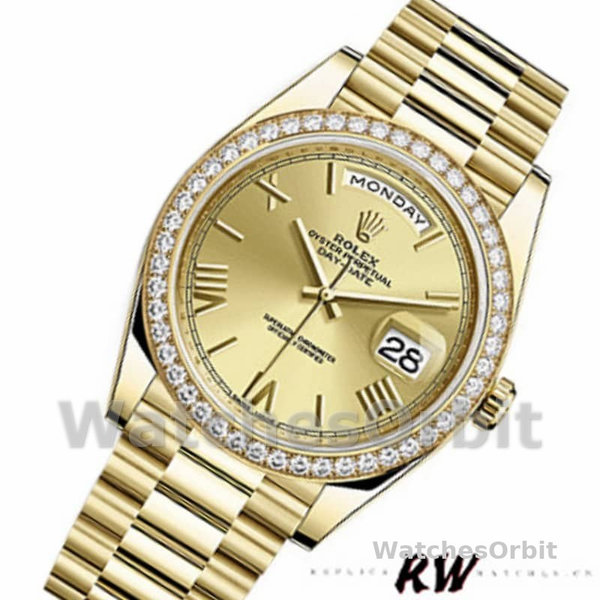 Replica Heren Rolex Day-Date-228348RBR, 40mm, Romeinse wijzerplaat in champagne, diamanten ring