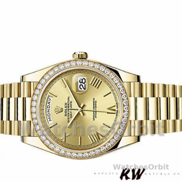 Replica Heren Rolex Day-Date-228348RBR, 40mm, Romeinse wijzerplaat in champagne, diamanten ring