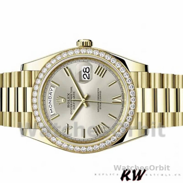 Replica Heren Rolex Day-Date-228348RBR, 40mm, zilver Romeinse wijzerplaat, diamanten ring