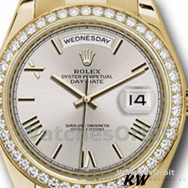 Replica Heren Rolex Day-Date-228348RBR, 40mm, zilver Romeinse wijzerplaat, diamanten ring