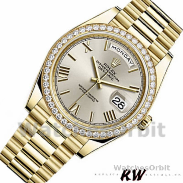 Replica Heren Rolex Day-Date-228348RBR, 40mm, zilver Romeinse wijzerplaat, diamanten ring