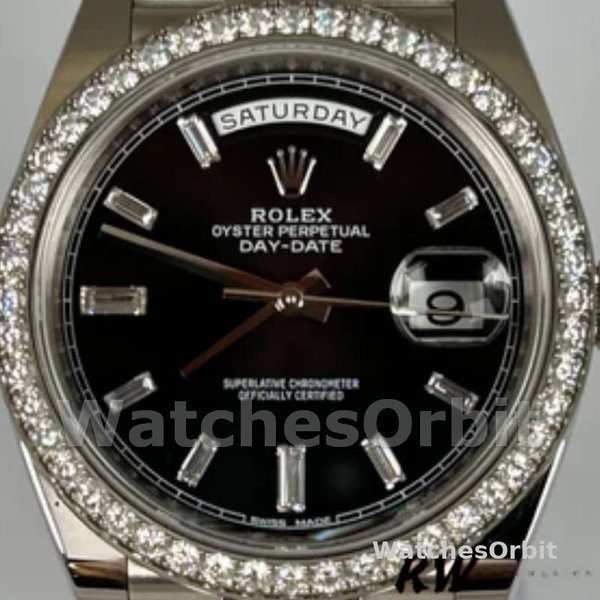 Replica Heren Rolex Day-Date-228349RBR, 40mm, zwarte wijzerplaat, diamanten lunette