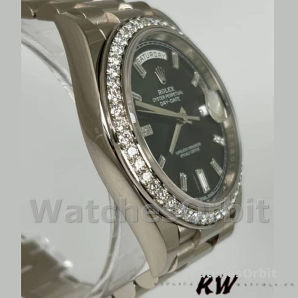 Replica Heren Rolex Day-Date-228349RBR, 40mm, zwarte wijzerplaat, diamanten lunette