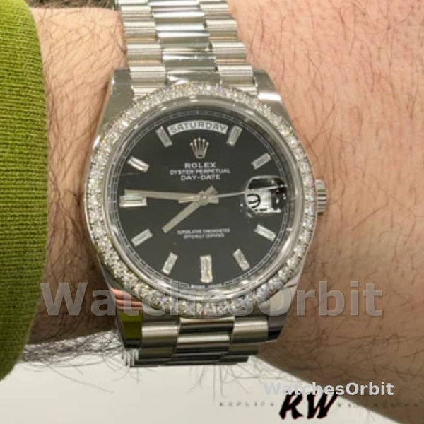 Replica Heren Rolex Day-Date-228349RBR, 40mm, zwarte wijzerplaat, diamanten lunette