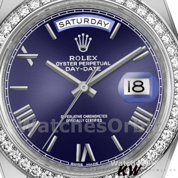 Replica Heren Rolex Day-Date-228349RBR, 40mm, Blauwe Romeinse Wijzerplaat, Diamanten Ring