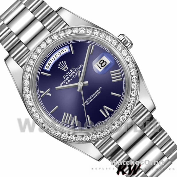 Replica Heren Rolex Day-Date-228349RBR, 40mm, Blauwe Romeinse Wijzerplaat, Diamanten Ring