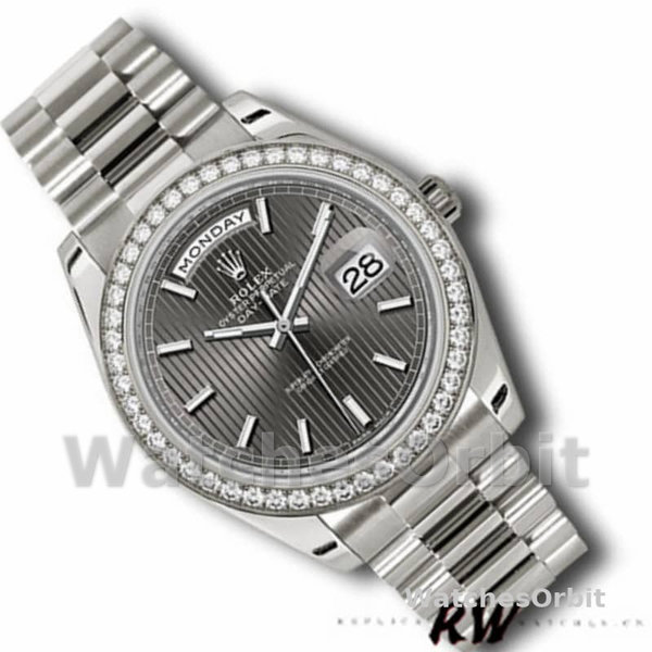 Replica Heren Rolex Day-Date-228349RBR, 40mm, Donker Rhodium Wijzerplaat, Diamanten Ring