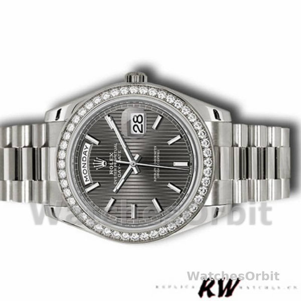 Replica Heren Rolex Day-Date-228349RBR, 40mm, Donker Rhodium Wijzerplaat, Diamanten Ring