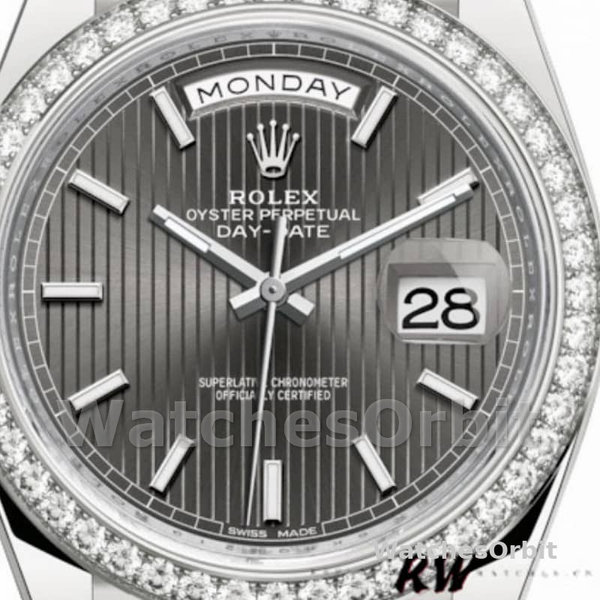 Replica Heren Rolex Day-Date-228349RBR, 40mm, Donker Rhodium Wijzerplaat, Diamanten Ring