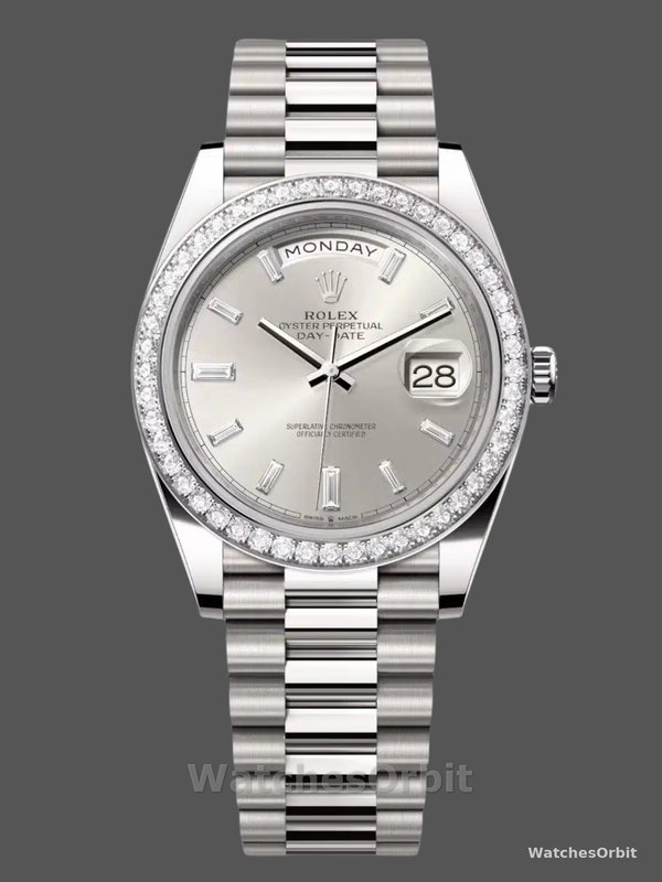 Rolex Day-Date 228349RBR Silver Dial Diamond Bezel 40mm Mens Replica Watch