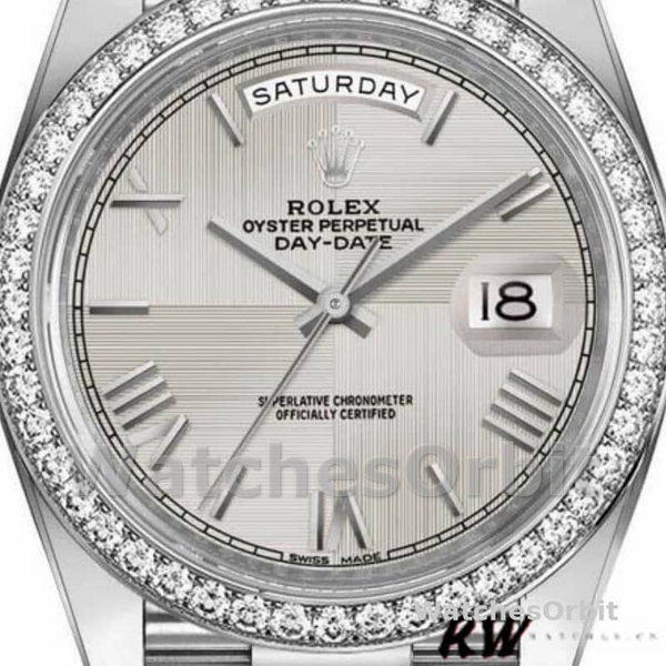 Replica Heren Rolex Day-Date-228349RBR, 40mm, zilver Romeinse wijzerplaat, diamanten ring