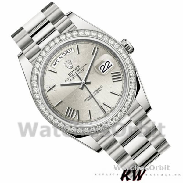 Replica Heren Rolex Day-Date-228349RBR, 40mm, zilver Romeinse wijzerplaat, diamanten ring