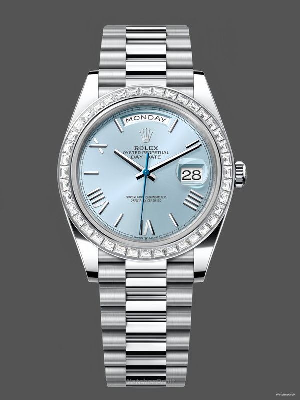 Rolex Day-Date 228396TBR 0030 Ice Blue Dial Platinum Diamond Bezel 40mm Mens Replica Watch