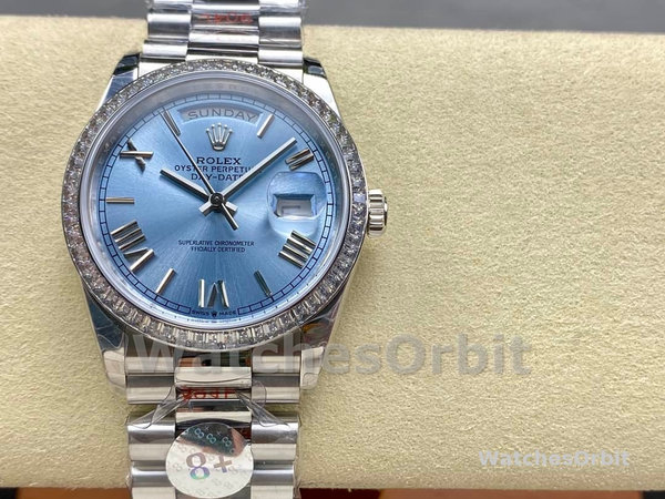 Replica Heren Rolex Day-Date-228396TBR 0030, 40 mm, ijsblauwe wijzerplaat, platina, diamanten ring