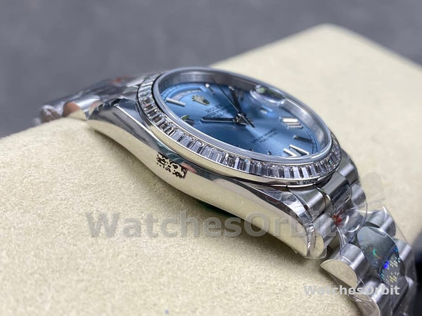 Replica Heren Rolex Day-Date-228396TBR 0030, 40 mm, ijsblauwe wijzerplaat, platina, diamanten ring