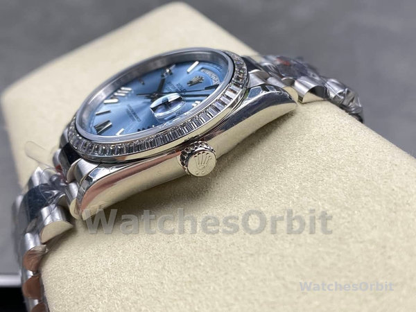 Replica Heren Rolex Day-Date-228396TBR 0030, 40 mm, ijsblauwe wijzerplaat, platina, diamanten ring