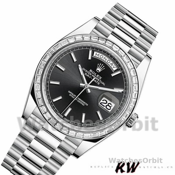 Replica Heren Rolex Day-Date-228396TBR, 40mm, zwarte wijzerplaat, diamanten lunette