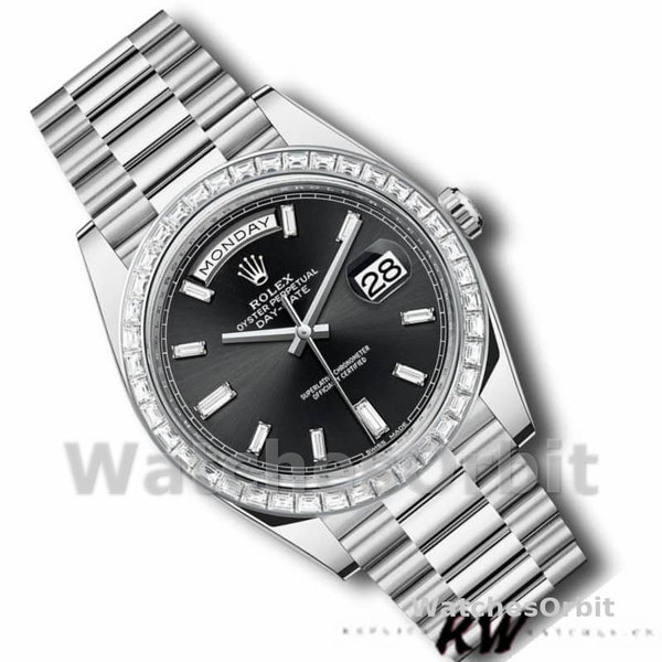 Replica Heren Rolex Day-Date-228396TBR, 40mm, zwarte wijzerplaat, diamanten lunette