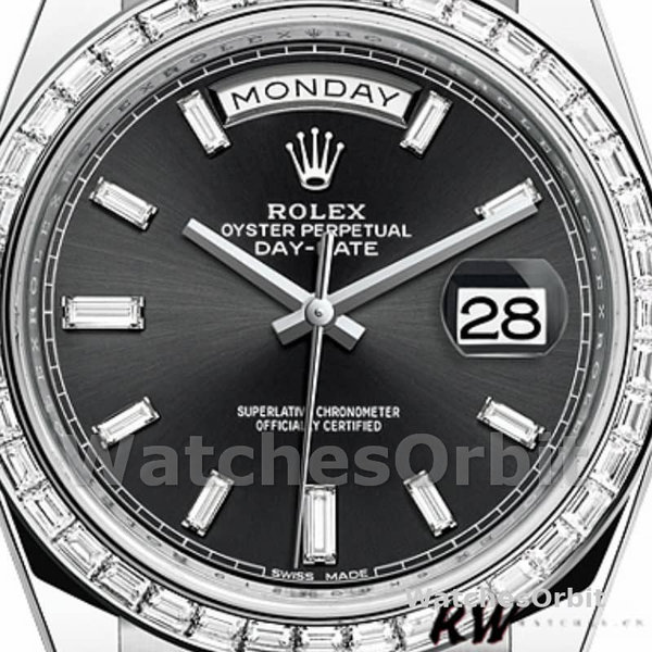 Replica Heren Rolex Day-Date-228396TBR, 40mm, zwarte wijzerplaat, diamanten lunette