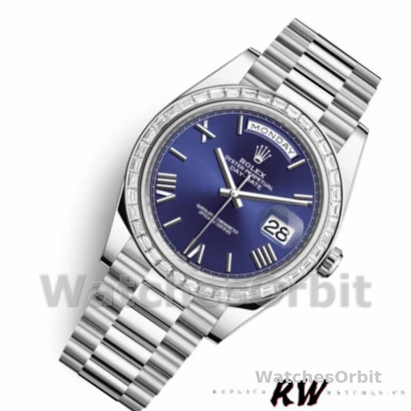 Replica Heren Rolex Day-Date-228396TBR, 40mm, Blauwe Wijzerplaat, Platina, Diamanten Ring
