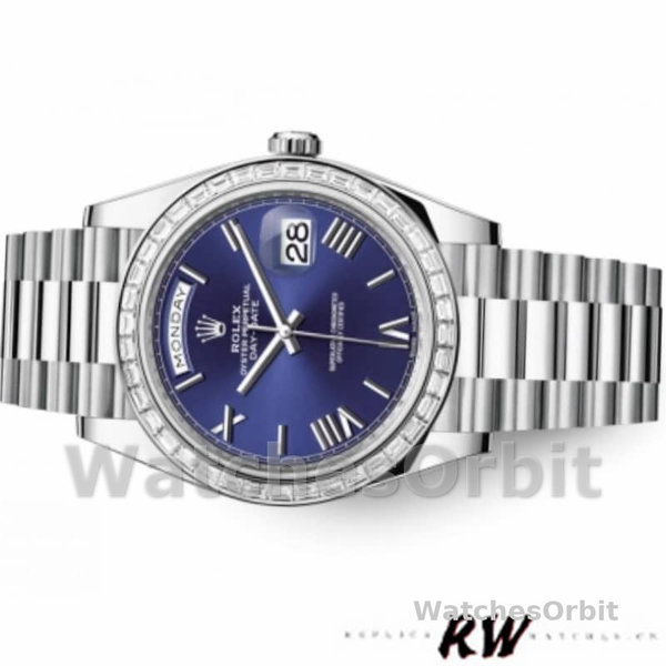 Replica Heren Rolex Day-Date-228396TBR, 40mm, Blauwe Wijzerplaat, Platina, Diamanten Ring